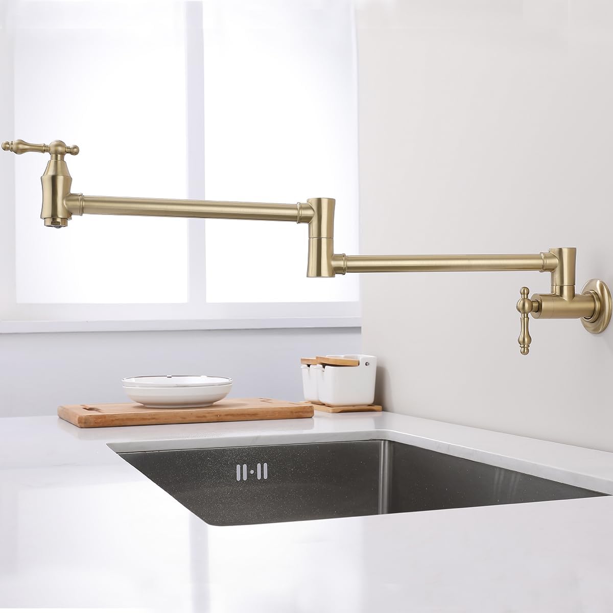 Pot Filler Over Stove Faucet Brushed Gold Wall Mount Brass Kitchen Folding Faucet Double Joint Swing Arms.