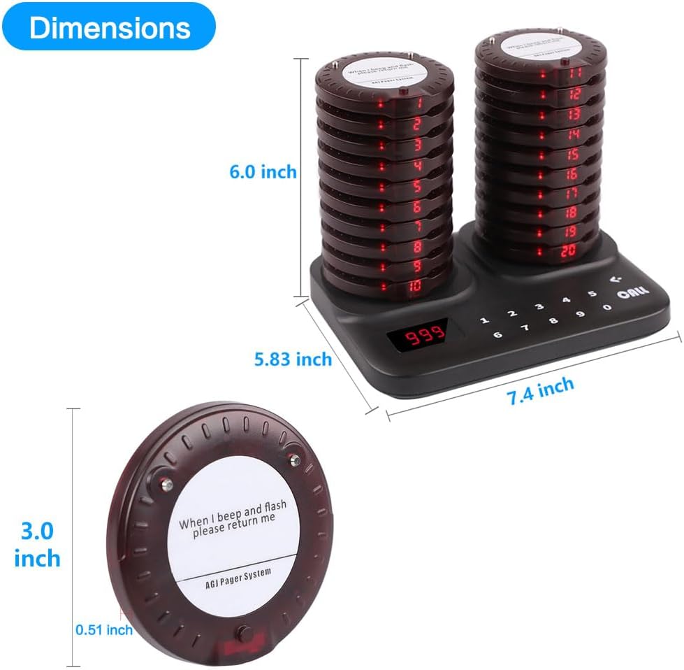 AGJ Restaurant Pager System Wireless 20 Coaster Beeper Buzzer System Guest Customer Queue Pagers for Food Truck Church Nursery Clinic Coffee Shop