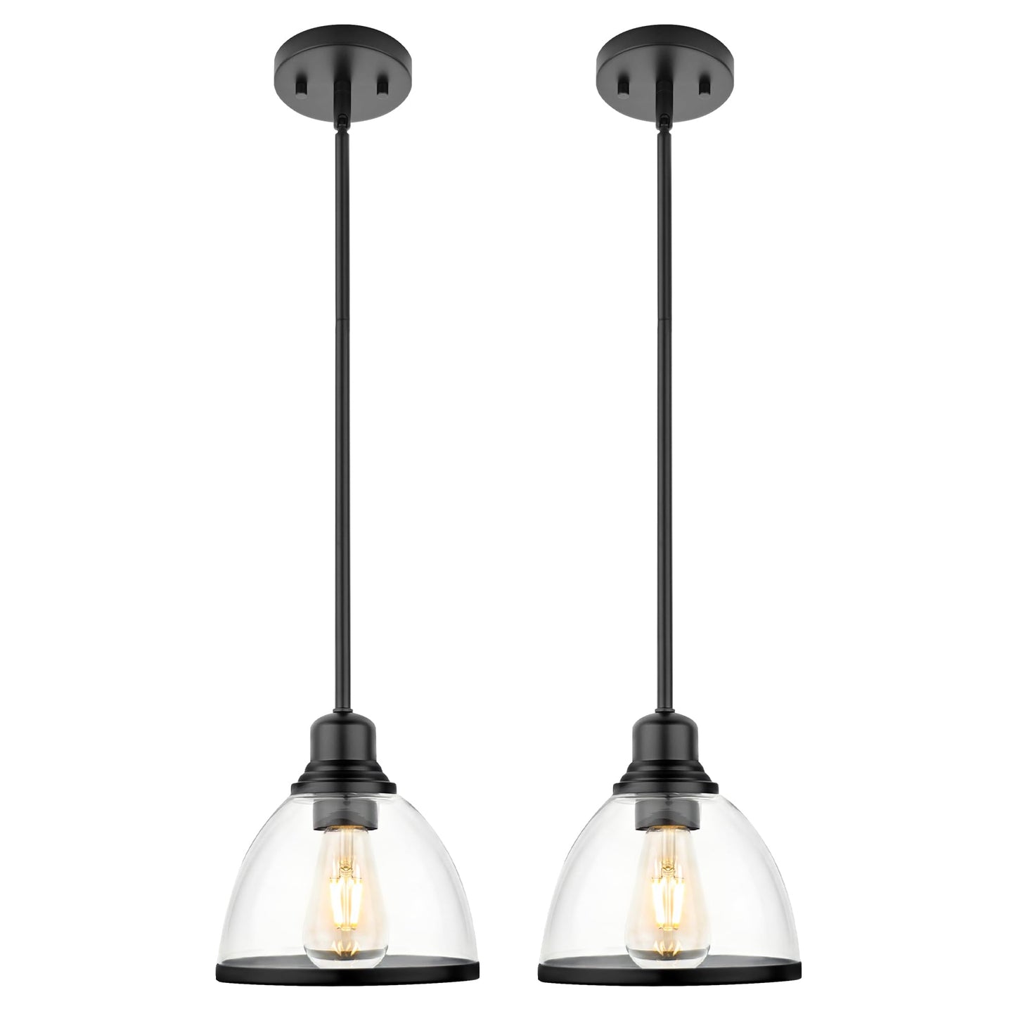 2 Pack Pendant Lights Kitchen Island, 8" Black Pendant Light with Clear Glass Shade, Farmhouse Hanging Light Fixture for Kitchen Island, Dining Room, Entryway, Hallway, IN-PL01-BK-2PK Matte Black 2