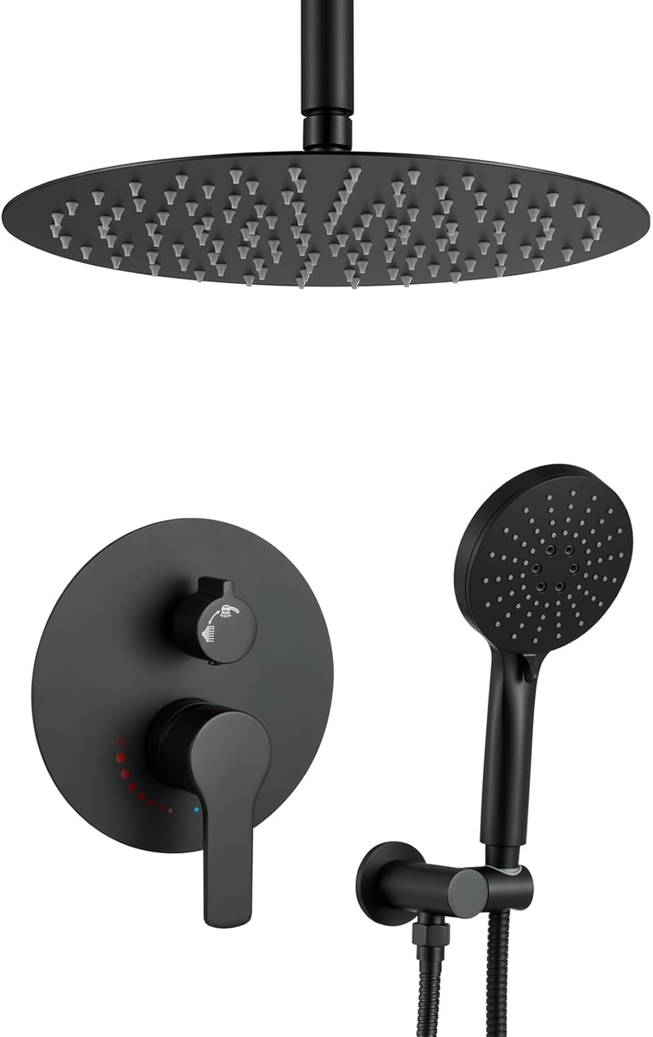 Matte Black Shower System Has 12 Inches Rainfall Shower Head with Handheld Shower Set, High Pressure Matte Black Shower Faucet with Brass Valve for