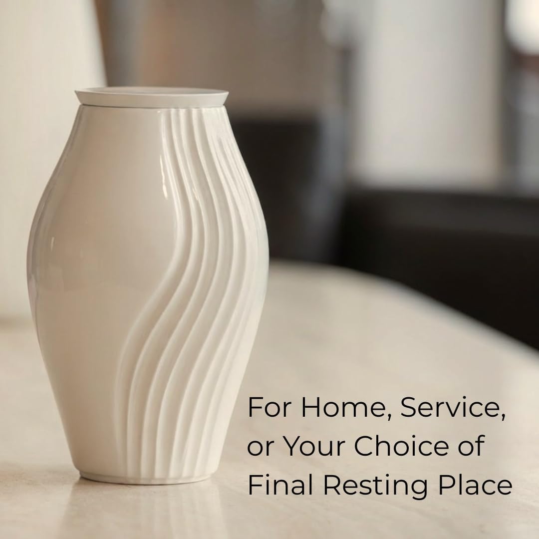 Cremation Urns for Human Ashes Adult – Large Decorative Modern Aluminum Funeral Memorial Urn for Home Display, Warm Ivory Off-White Gloss Finish – GR8 Keepsakes