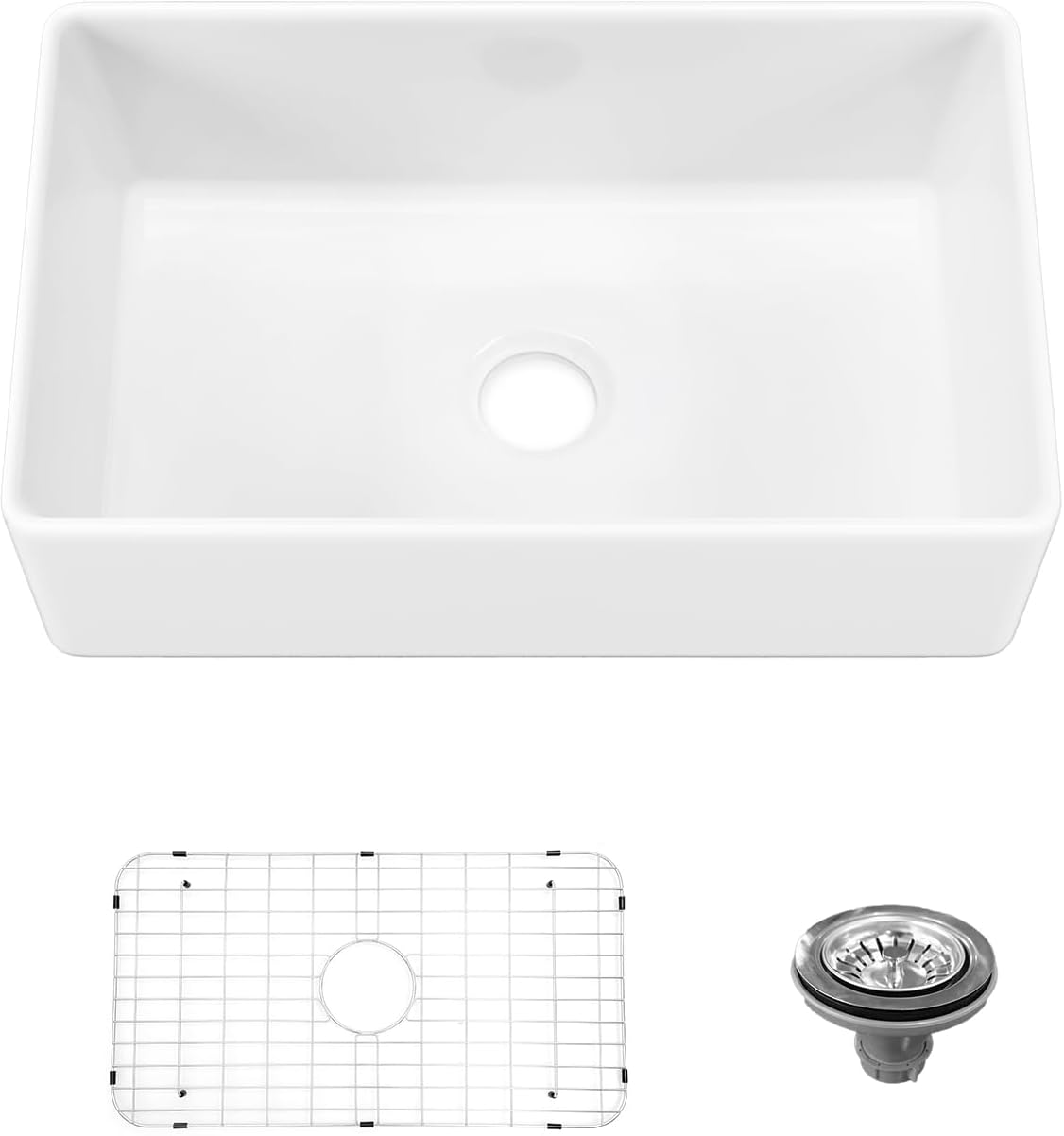 Sinber 30 Inch Farmhouse Apron Single Bowl Kitchen Sink with Fireclay White Finish 2 Accessories F3018S-OLA