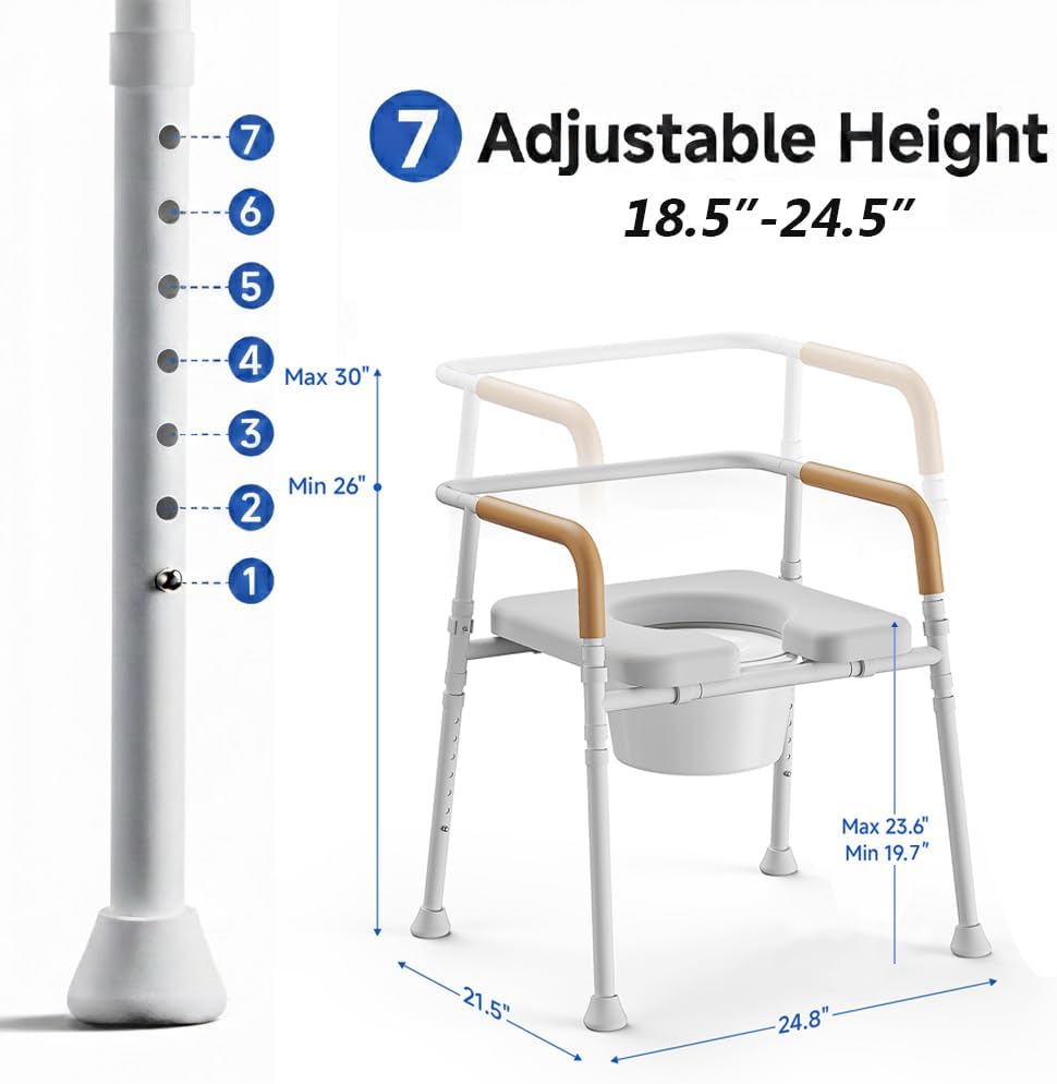3-in-1 Bedside Commode Chair for Seniors, 400 lbs Heavy Duty Iron Commode Toilet with Padded Seat & Arms, Portable Toilet for Seniors & Adults, Height Adjustable, Bucket, Splash Guard