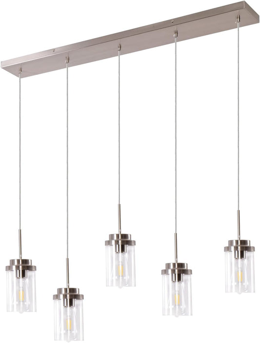 5 Lights Island Lights for Kitchen Modern Industrial Brushed Nickel Linear Chandeliers with Clear Glass Shade for Dining Room Kitchen Lighting