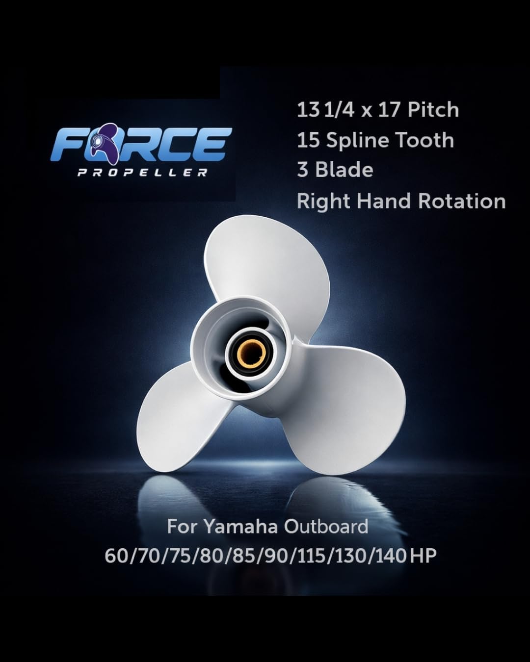 Force 13 1/4 x 17 Aluminum Outboard Propeller for Yamaha 60 70 75 80 85 90 115 130 140 HP, 3 Blade RH 15 Spline Boat Motor Prop, Saltwater Corrosion Resistant