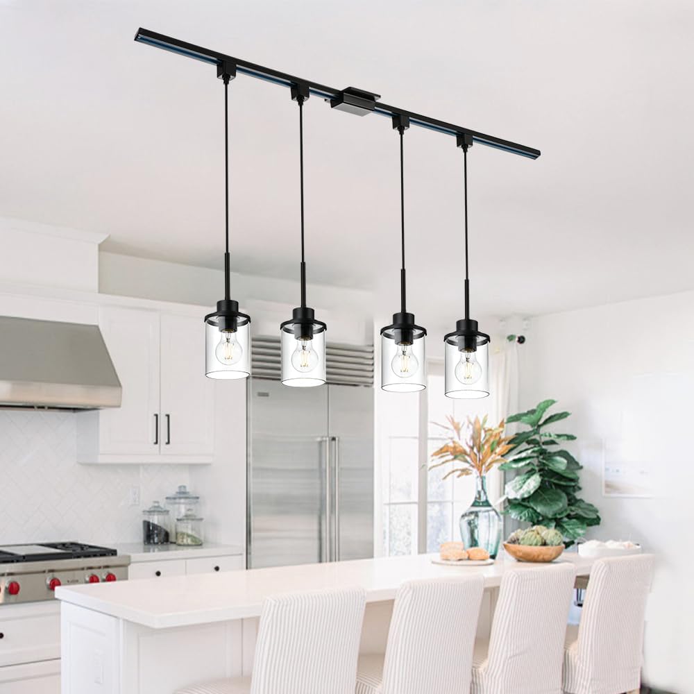 4-Lights H-Type Track Lighting Kitchen Pendant Light Dimmable Black Track Pendant Lighting Fixtures with Clear Glass Shades, Overall Height Approxima