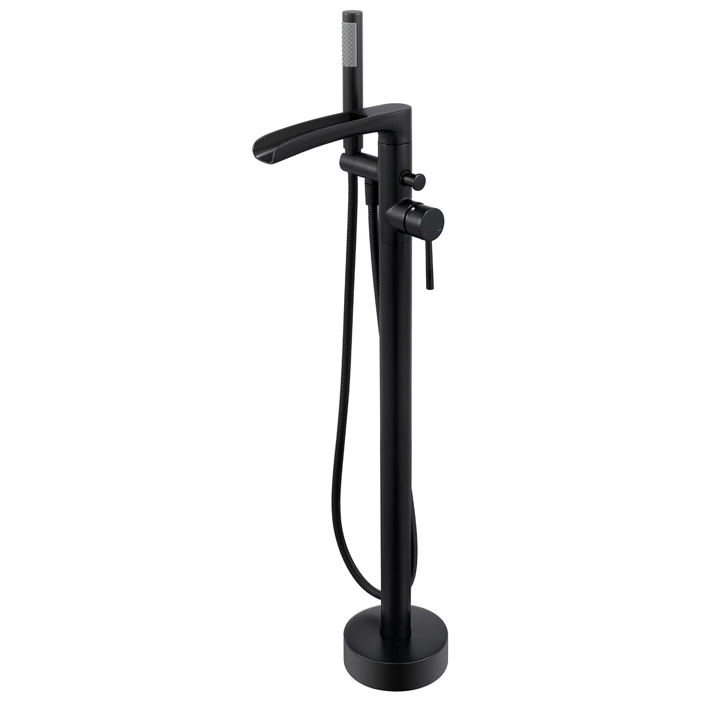Wowkk Waterfall Freestanding Bathtub Faucet Black Floor Mount Tub Filler Brass Single Handle Bathroom Faucets with Hand Shower (Black)