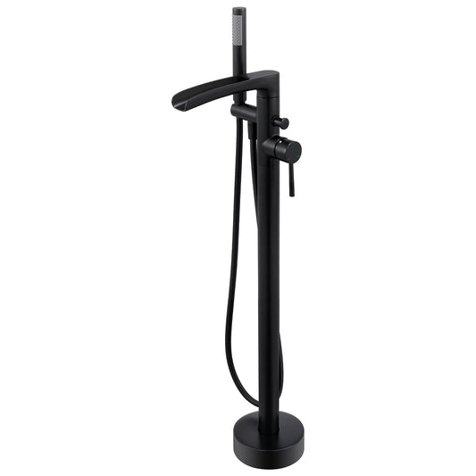 Wowkk Waterfall Freestanding Bathtub Faucet Black Floor Mount Tub Filler Brass Single Handle Bathroom Faucets with Hand Shower (Black)