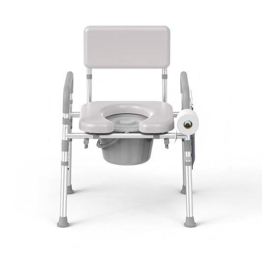 Bedside Commode with Padded Seat & Backrest, Aluminum Toilet with 6.5 qt Bucket, Easy-Clean, 350 lb Capacity Enhanced Crossbar, Portable Toilet for Seniors with Paper Holder & Newspaper Bag