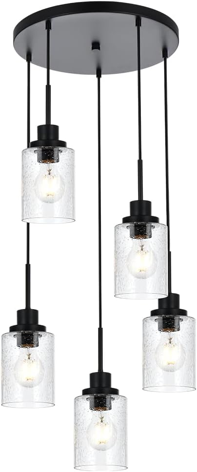 Pendant Light Fixture 5 Light Black Cluster Chandelier Seeded Glass Farmhouse Pendant Lighting for Kitchen Islands, Modern Dining Room House Foyer