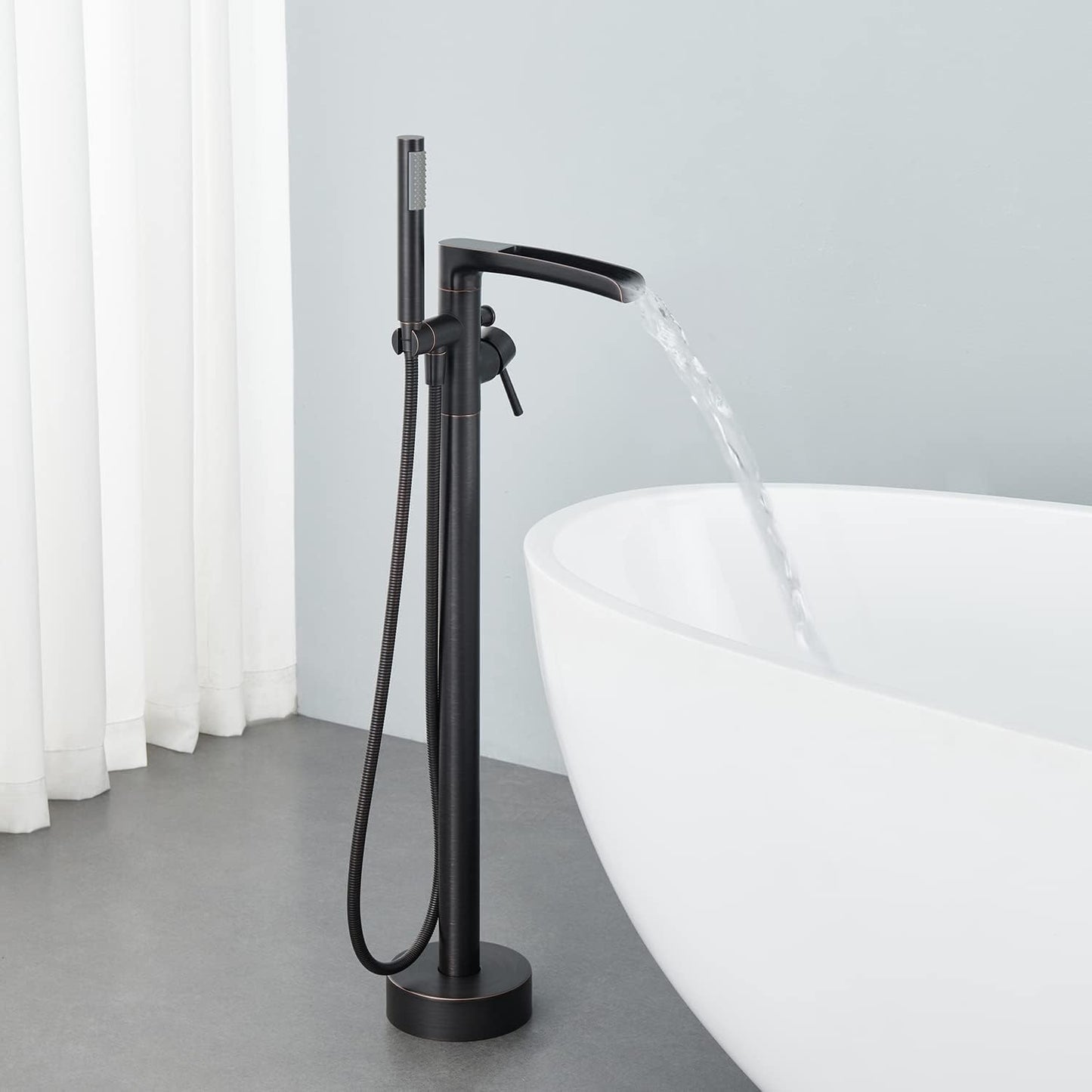 Wowkk Waterfall Freestanding Bathtub Faucet Oil Rubbed Bronze Floor Mount Tub Filler Brass Single Handle Bathroom Faucets with Hand Shower (Oil