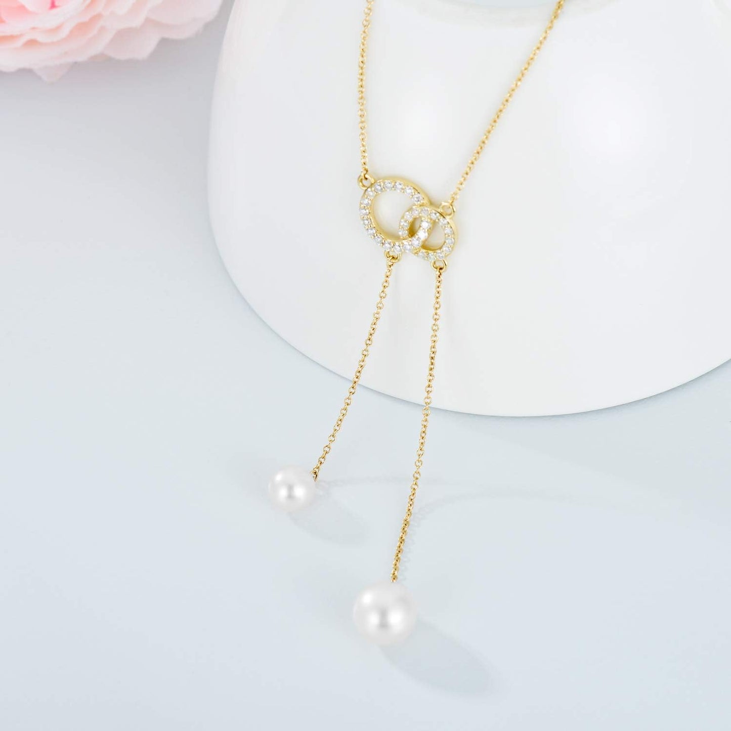 10k 14k Yellow Gold Double Circles Neckalce for Women, Real Gold Delicate Two Interlocking Eternity Circles Pendant Neckalce Jewelry Gift for