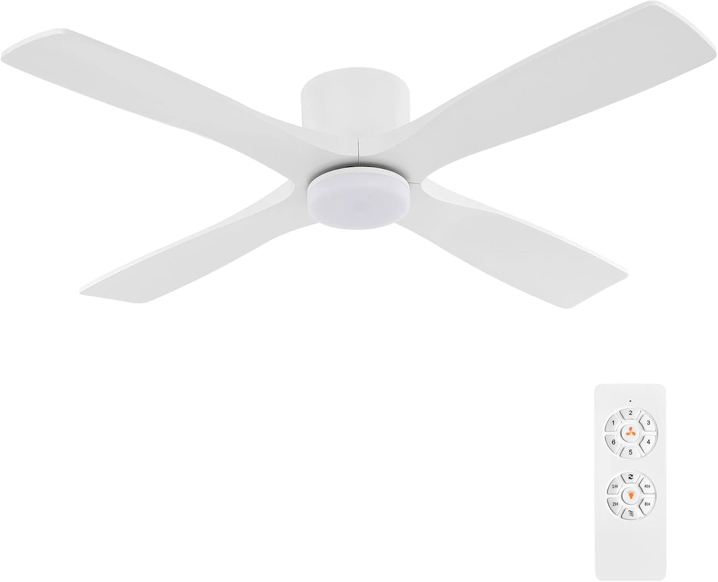 60 Inch Flush Mount DC Ceiling Fan with Lights and Remote, 4 Reversible Carved Wood Blades, 6-Speed Noiseless DC Motor, Hugger Ceiling Fan in Gloss Wh