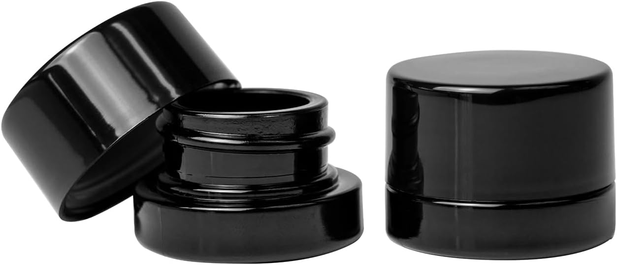 200 Pack Black 5ml Glass Jars with Lids - Thick Clear Child-Proof Containers for Lip Balm, Oils, Wax, and Cosmetics - Black Lids - Ideal Bulk 5ml Glass Jar and 1 Gram Glass Jar