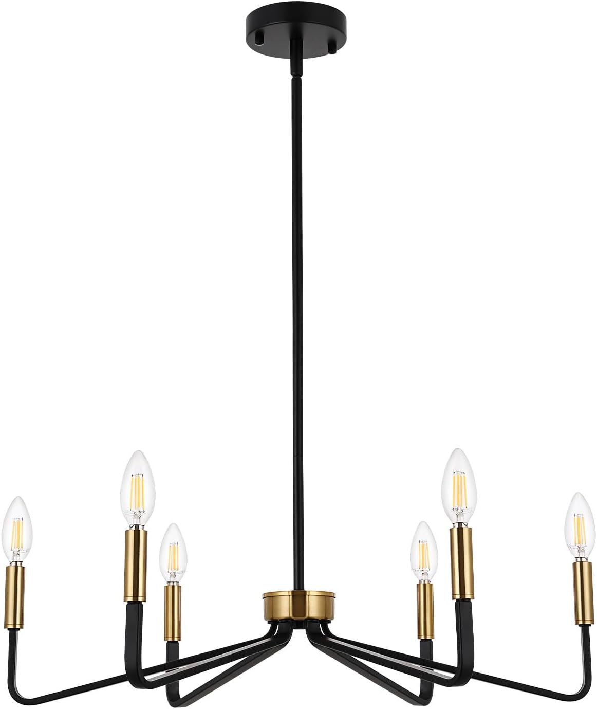 Black Farmhouse Chandelier, 6-Light Candle Dining Room Light Fixtures Over Table, Brushed Brass Modern Pendant Lights