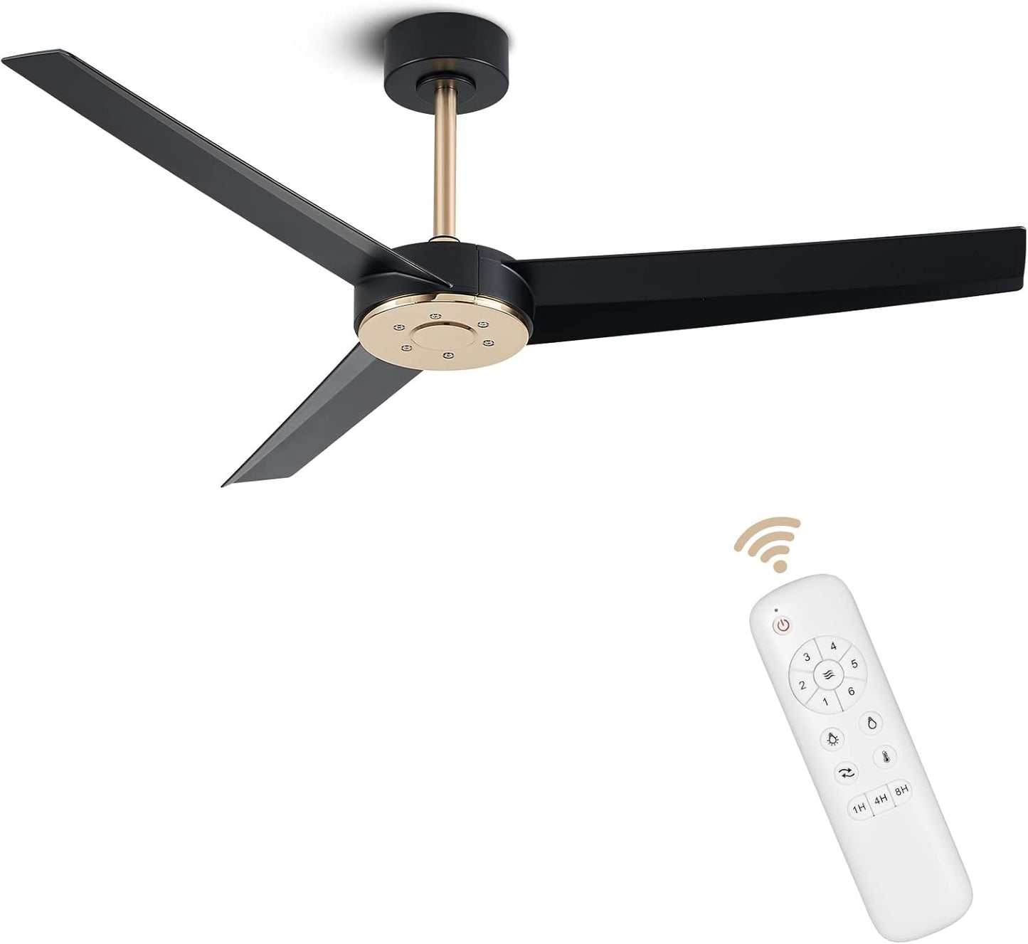 Wofifly 52'' Black and Gold Ceiling Fans No Light with Remote, Matte Black Ceiling fan without Light for Patios Bedroom, Outdoor Ceiling Fan with 6