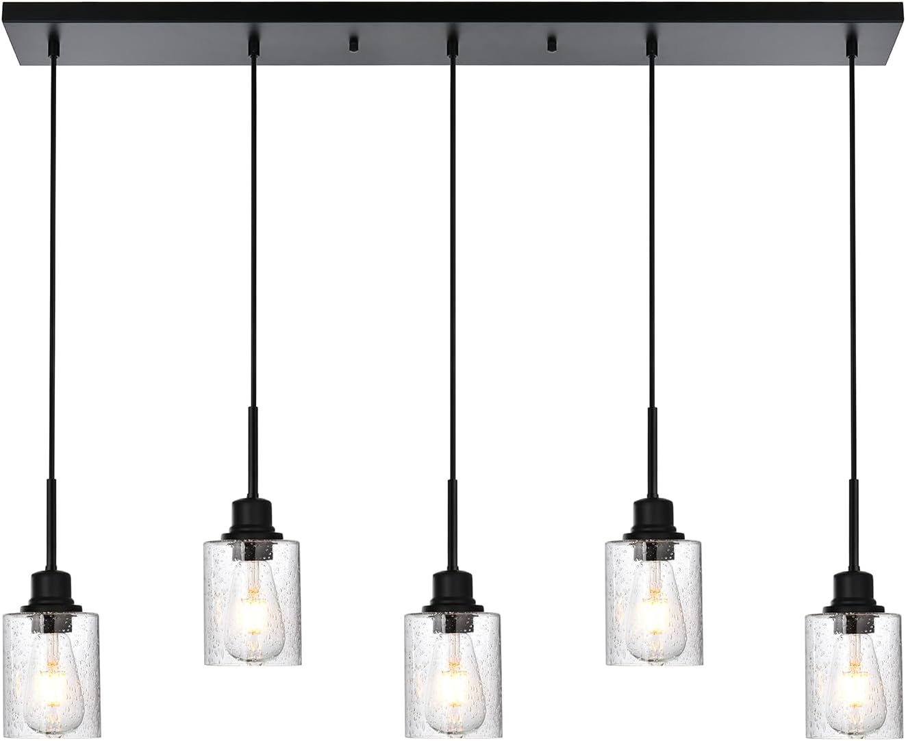 Black Chandelier 5 Light Dining Room Lighting Fixtures Hanging Linear Pendant Lights Industrial Modern Chandelier with Seeded Glass for Kitchen