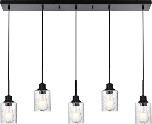 Black Chandelier 5 Light Dining Room Lighting Fixtures Hanging Linear Pendant Lights Industrial Modern Chandelier with Seeded Glass for Kitchen