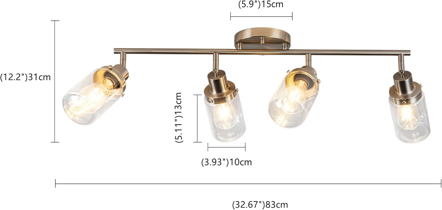 Yaohong 4 Light Wall Scone Spotlight Semi Flush Mount Ceiling Light with Clear Glass Shade in Satin Nickel Bathroom Lights Rotatable Track Lighting