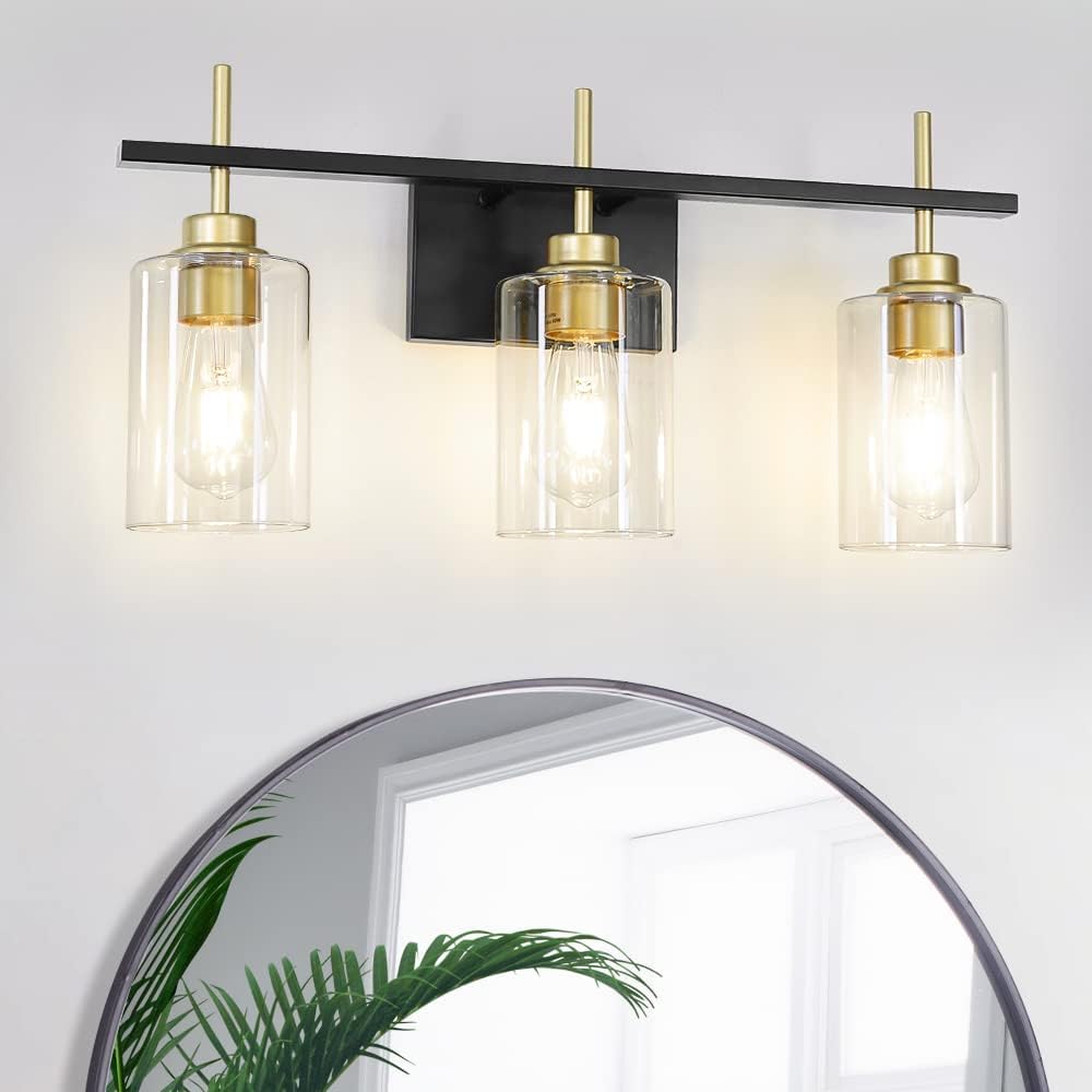 DSMJFU 3-Light Bathroom Light Fixture, Modern Bathroom Vanity Lights Over Mirror, Black and Gold Wall Sconce with Thicker Glass Shade for Mirror