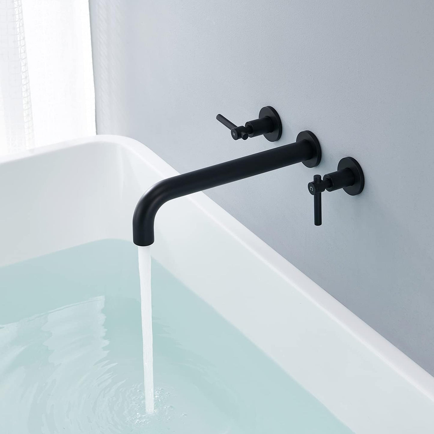 Wowkk Tub Filler Wall Mount Tub Faucet Black Brass Bathroom Bathtub Faucets with 2 Handles (Black)