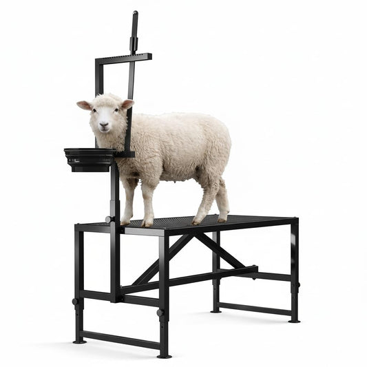 Heavy-Duty 400LBS Goat Stand with Feed Bin, 35 Inch Goat Milking Stand Adjustable Headpiece & Legs, Livestock Table for Grooming, Shearing, Physical Examination, Black
