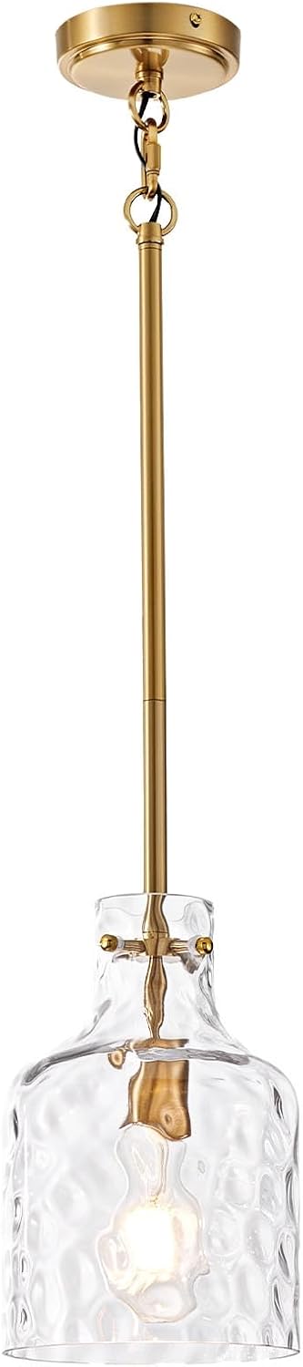 Pendant Light Fixture for Kitchen Island, Brushed Gold, 1 Pack | 7-inch Clear Hammered Glass Shade, Sturdy Metal Rod, Adjustable Height, E26 Socket, Ceiling Mount, Hardwired, 120V