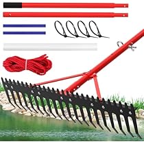 Extra Large Aquatic Weed Rake Heavy Duty Aluminum Pond Rake with 6" Metals Long Tines 37" Double Sided Floating Lake Harrow 11' Pole for Removal of Weeds Leaves & Floating Scum( Patents Pending)