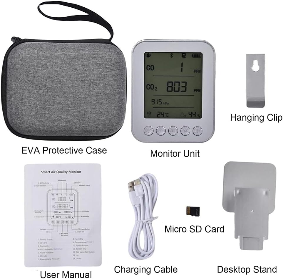 Prodolita Co Detector for Carbon Monoxide, Carbon Dioxide, Barometer, Altimeter, Temperature and Humidity Sensor with Large LCD Screen and Portable