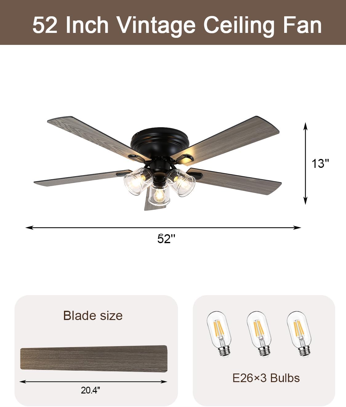 52 Inch Flush Mount Farmhouse Ceiling Fan with Lights and Remote | Rustic Fandelier Ceiling Fan, Low Profile Chandelier, 5 Dual Blade, for Bedroom Living Room, Reversible DC Motor 6 Speeds Vintage-V2