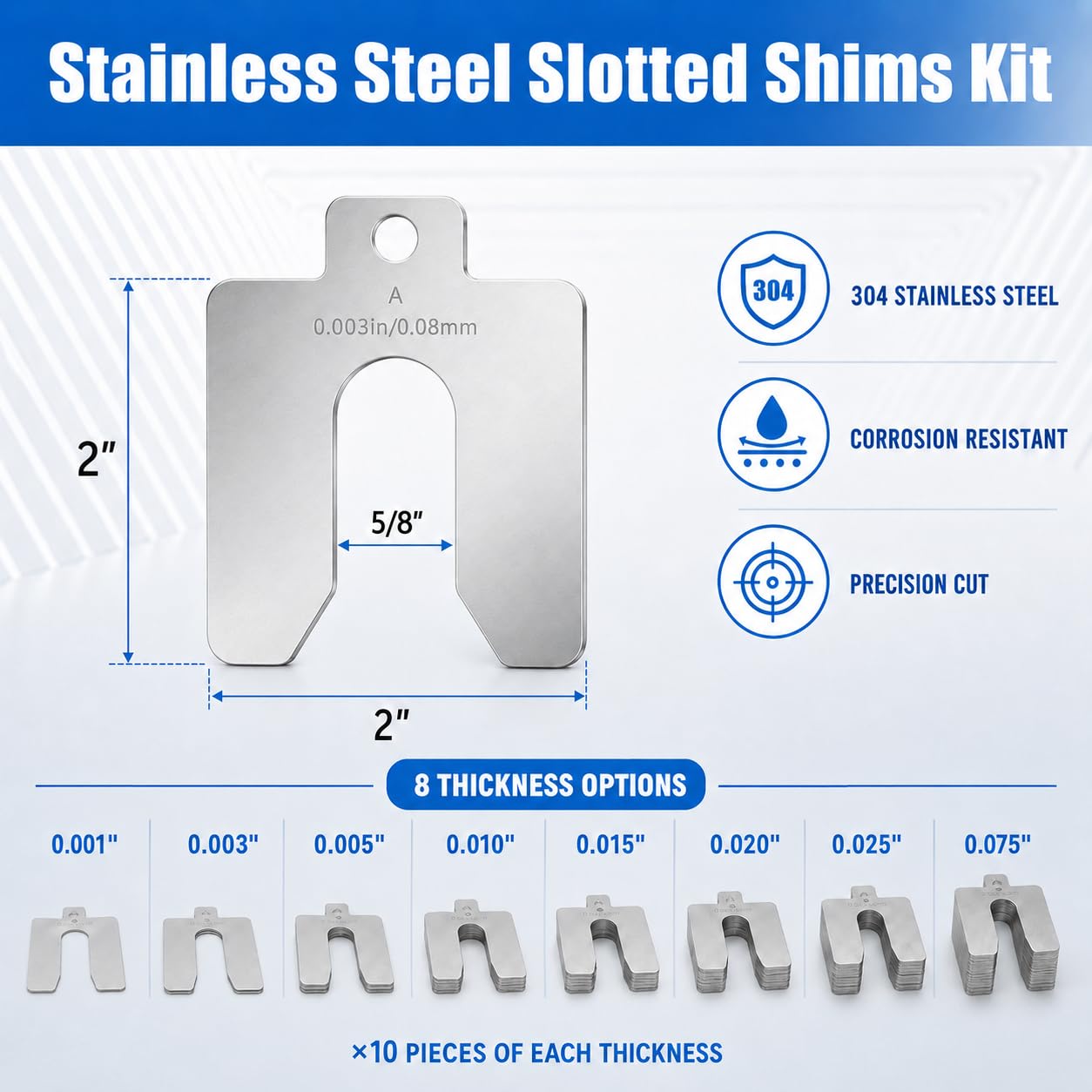 130 Pcs Size A 2" x 2" Stainless Steel Slotted Shims Kit, Stainless Steel Slotted Shim Shop Kit with 8 Thicknesses, for Precise Leveling and Calibration of Machine Tools Silver Size A 2" x 2" 130