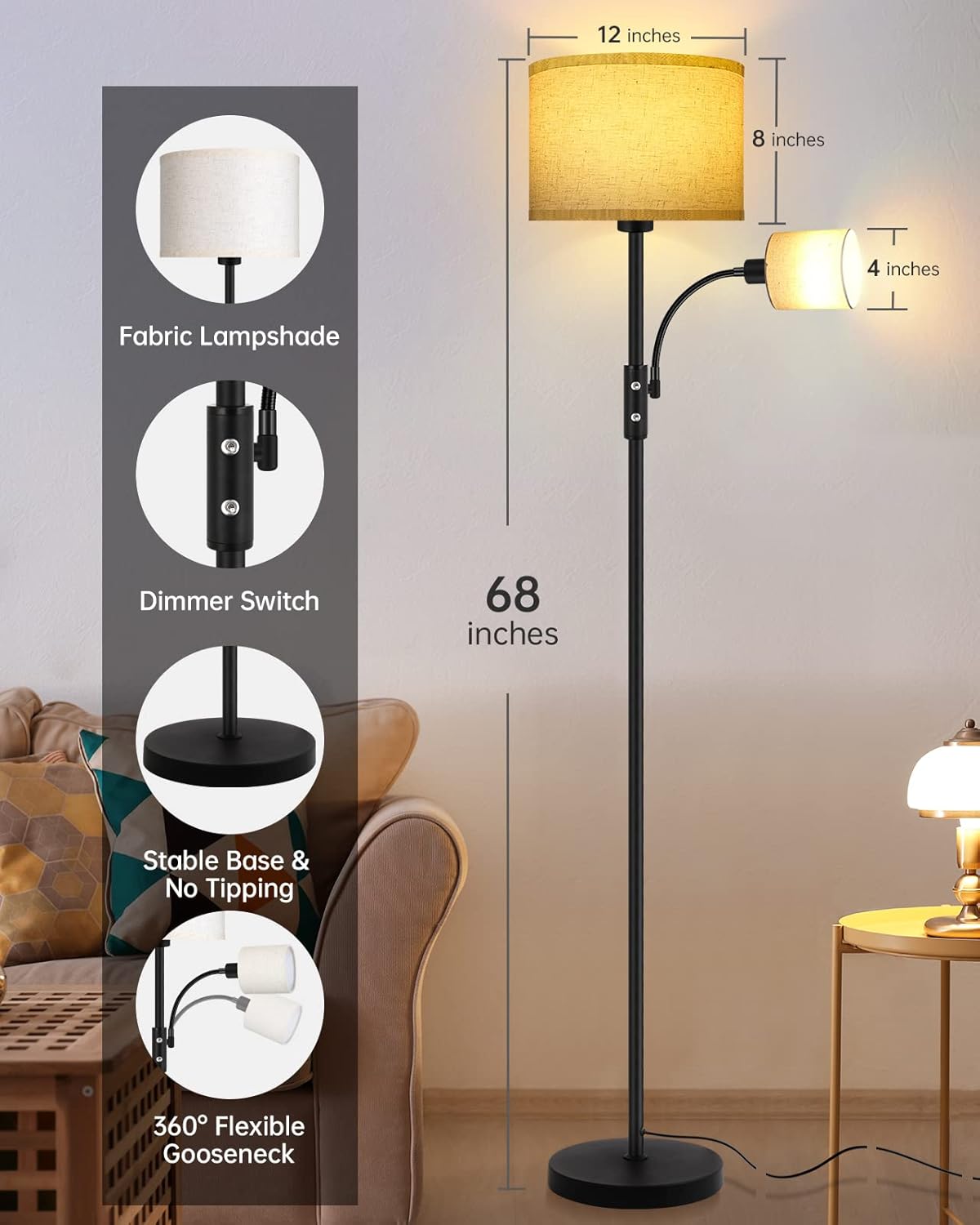 Floor Lamps for Living Room, Modern Floor Lamp with Reading Lamp(9W, 4W), 3 Color Temperature LED Bulbs, 62' Tall Standing Lamp, Beige Lampshades,