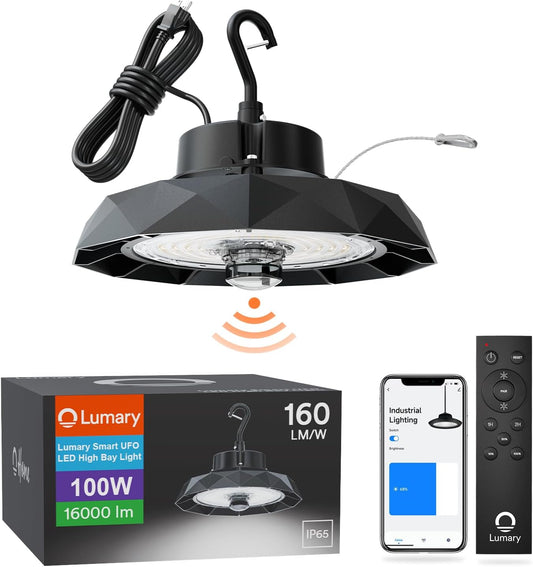 Lumary 160lm/W UFO LED High Bay Light 100W with Motion Sensor, 16000LM Brightness Dimmable 5000K Daylight, Led Shop Lights for Garage Workshop