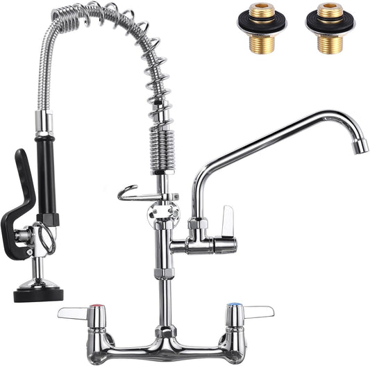 Commercial Kitchen Faucet Wall Mount: with Pre-Rinse Sprayer - ARCORA Industrial Restaurant 21&#34; Height 8&#39;&#39; Center Compartment Sink Faucet