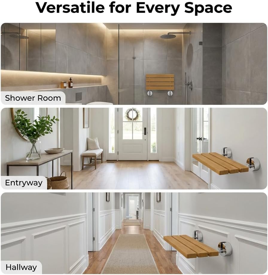 Wall Mount Folding Shower Seat, Teak Wood, 400lb Capacity, Stainless Steel