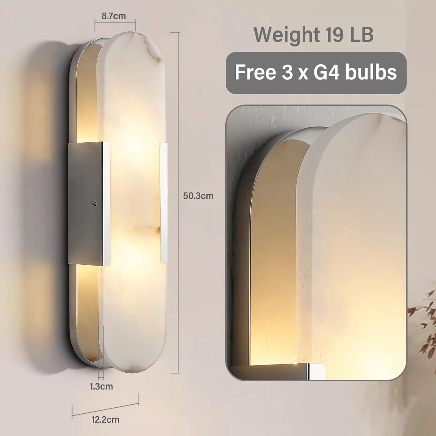 RINGRAIN Wall Sconces Set of 2, Alabaster Wall Light, 20'' Indoor Vanity Light Fixtures for Bathroom,Silver Bedside Wall Lamp Perfect for Hallway,