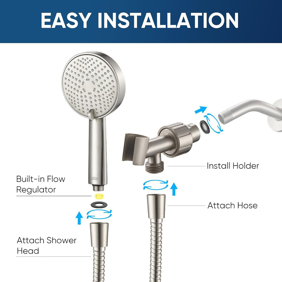 Cobbe® All Metal Handheld Shower Head, 3 Spray Settings, 1.8GPM