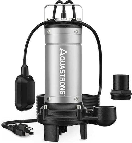 Aquastrong 1HP Stainless Steel Sewage Sump Pump - 5200GPH, Tethered Float Switch