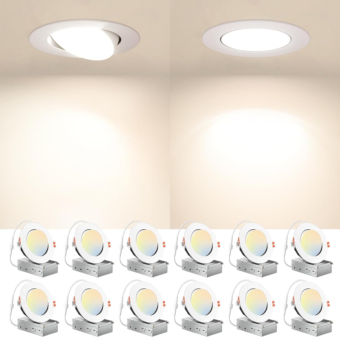 12 Pack 4 Inch 5CCT Gimbal Slim LED Recessed Lights with J-Box, Airtight Directional Dimmable Downlight, 2700K/3000K/3