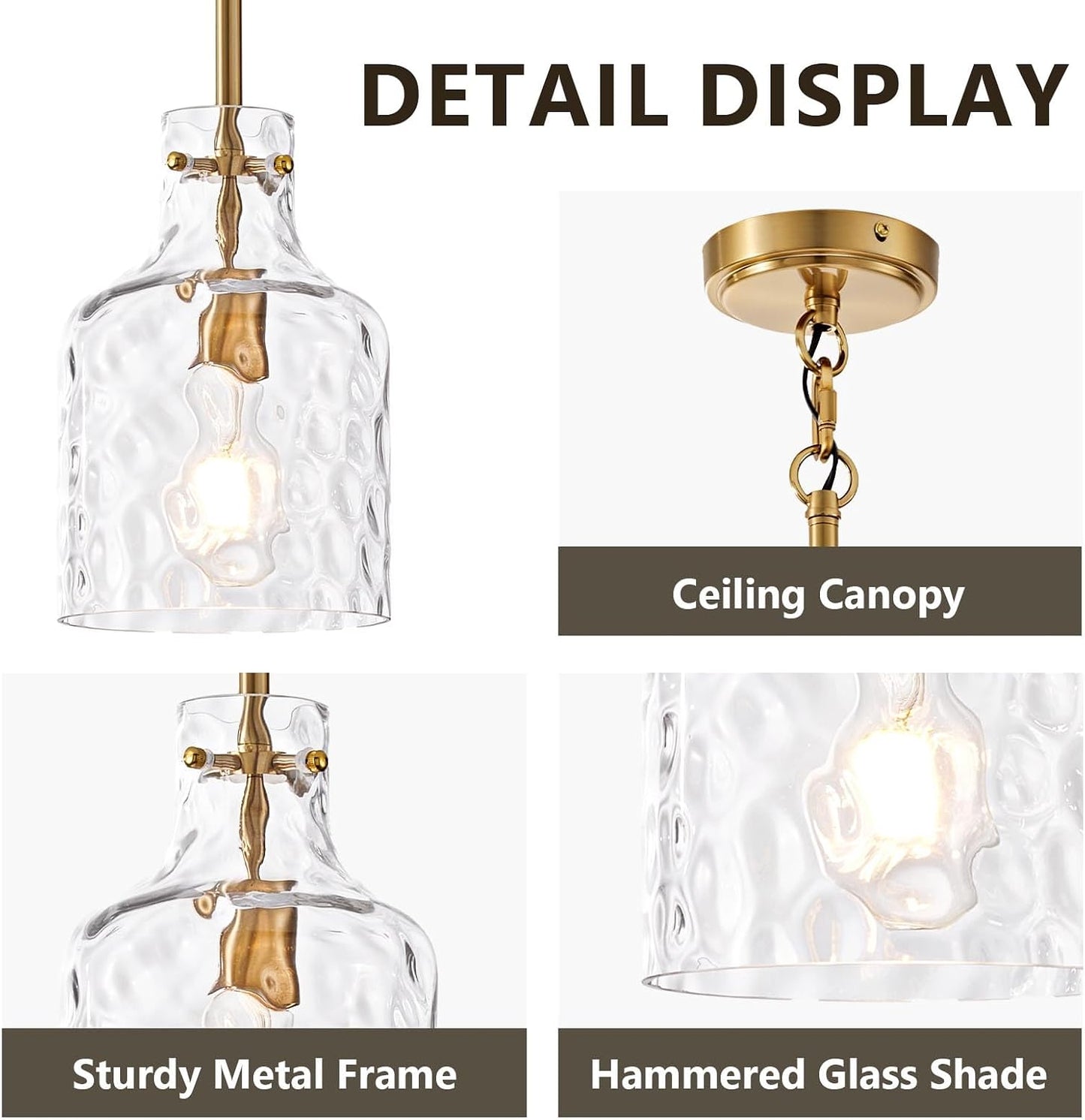 Pendant Light Fixture for Kitchen Island, Brushed Gold, 1 Pack | 7-inch Clear Hammered Glass Shade, Sturdy Metal Rod, Adjustable Height, E26 Socket, Ceiling Mount, Hardwired, 120V