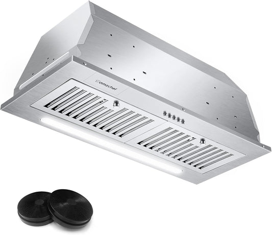 AMZCHEF Range Hood Insert 30 Inch, Stainless Steel Range Hood 900 CFM, Built-in Vent Hood with 3-Speed Exhaust Fan Button Control LED Light Strip