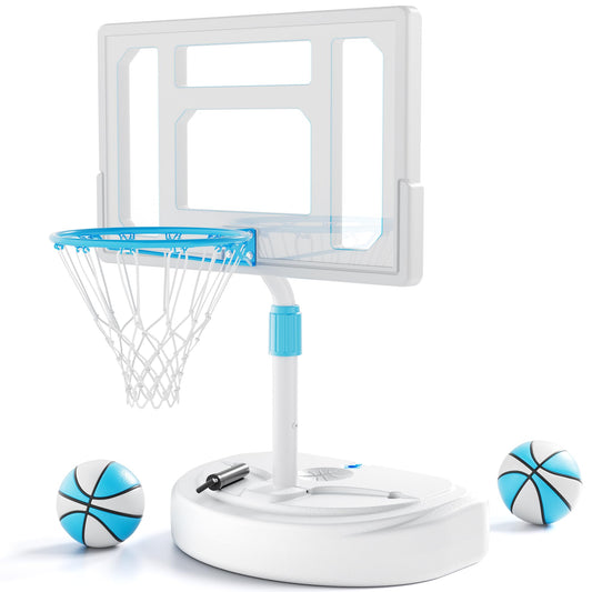 Pool Basketball Hoop (Includes 2 Balls and Pump), Stainless Steel Outdoor Pool Basketball Goal with Clear Backboard, Adjustable Height, Portable for Backyard, Family & Poolside Games