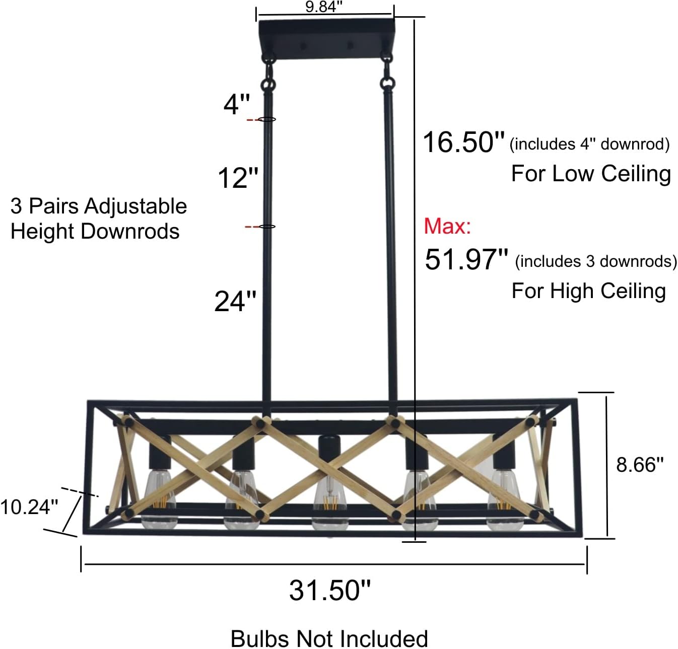 Goozegg Island Light Fixture Chandelier Pendant Lighting, Rectangular Industrial Vintage Rustic 5-Lights Farmhouse Kitchen Dining Room Ceiling Light