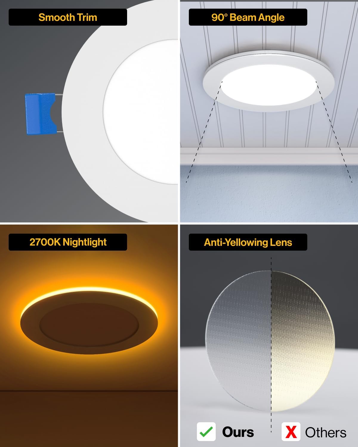 10 Pack, 4 Inch Ultra Thin LED Recessed Ceiling Lights with Night Light, 800 LM, 4000K Cool White, Dimmable, 11W, Wafer Thin, Canless with Junction