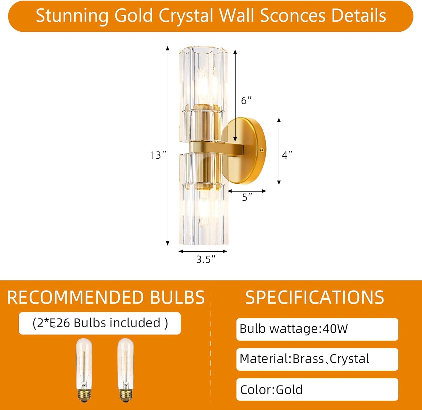 Wall Sconces Set of Two,Gold Crystal Sconces Wall Decor Set of 2, Modren Large Gold Wall Sconce with K9 Crystal Lampshade,Gold Crystal Wall Light