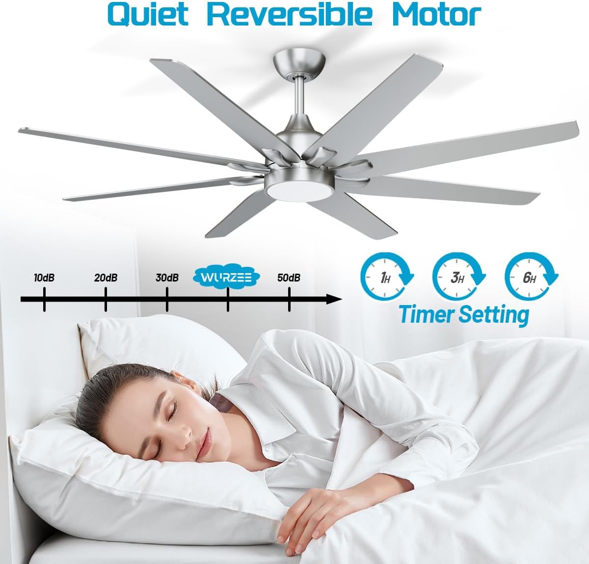 wurzee 72 inch Ceiling Fan with Light, 3CCT 3000K-4000K-6500K Reversible DC Motor, Dimmable Timing 6 Speed, Brushed Nickel Large Ceiling Fan for