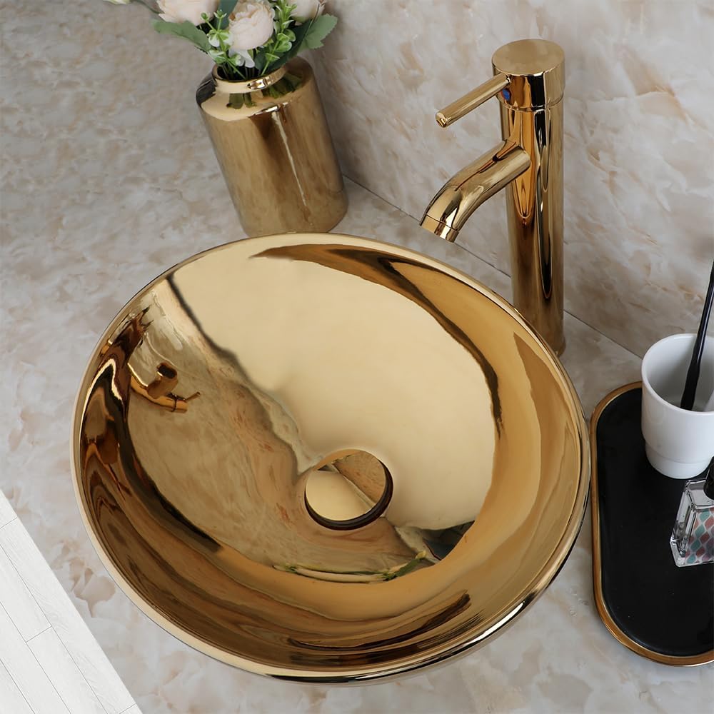 Washly Bathroom Vessel Sink 16 Inch Gold Ceramic Sink Bowl With Gold Faucet and Pop-Up Drain Combo,Oval Bathroom Sink Above Counter Art Sink Washing