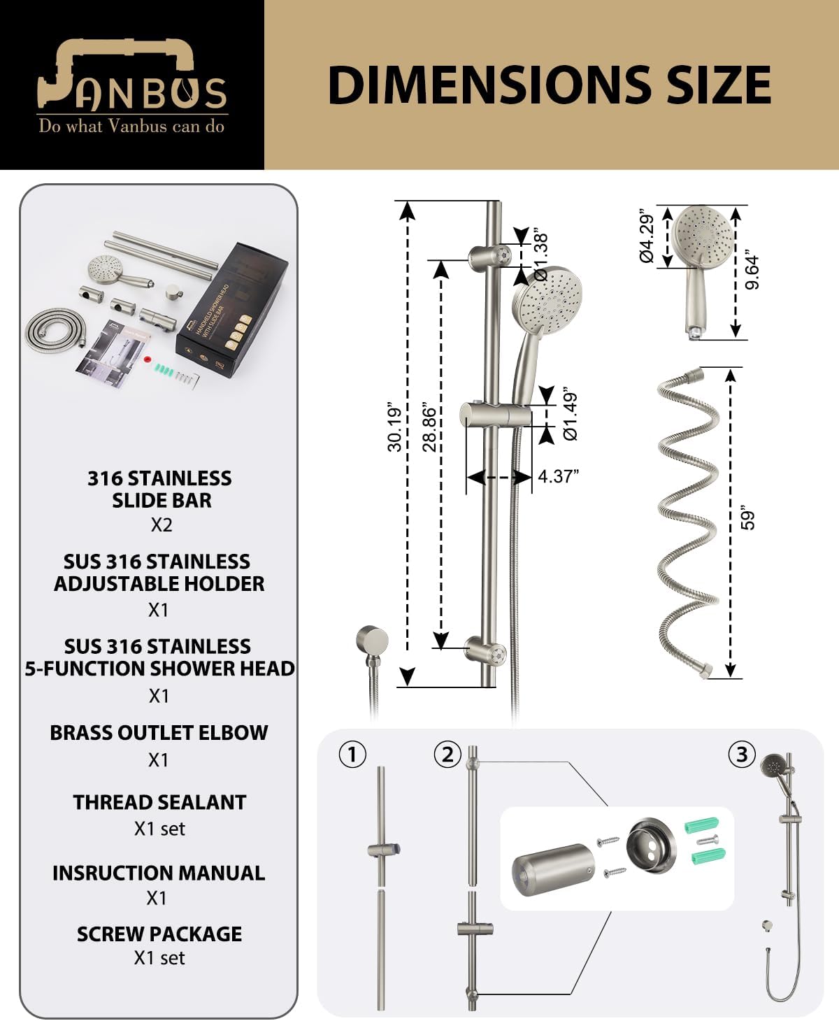 All Metal Shower Slide Bar System, 5-Function Handheld Shower Head with Slide bar, 304 Stainless Steel Hose with Brass