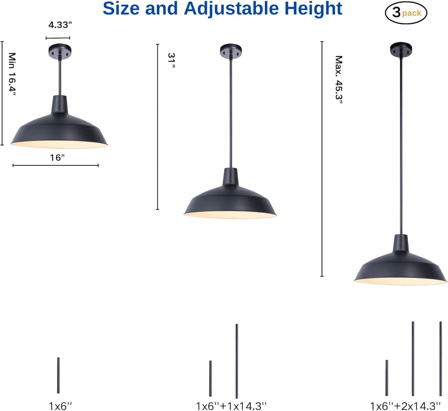 3 Pack Modern Black Kitchen Island Pendant Light 16 inches Metal Shade White inside Finish Gold Accent,Multiple Stems Rods Adjustable Hanging Height Ceiling Lamp E26 for Dining Room Hallway