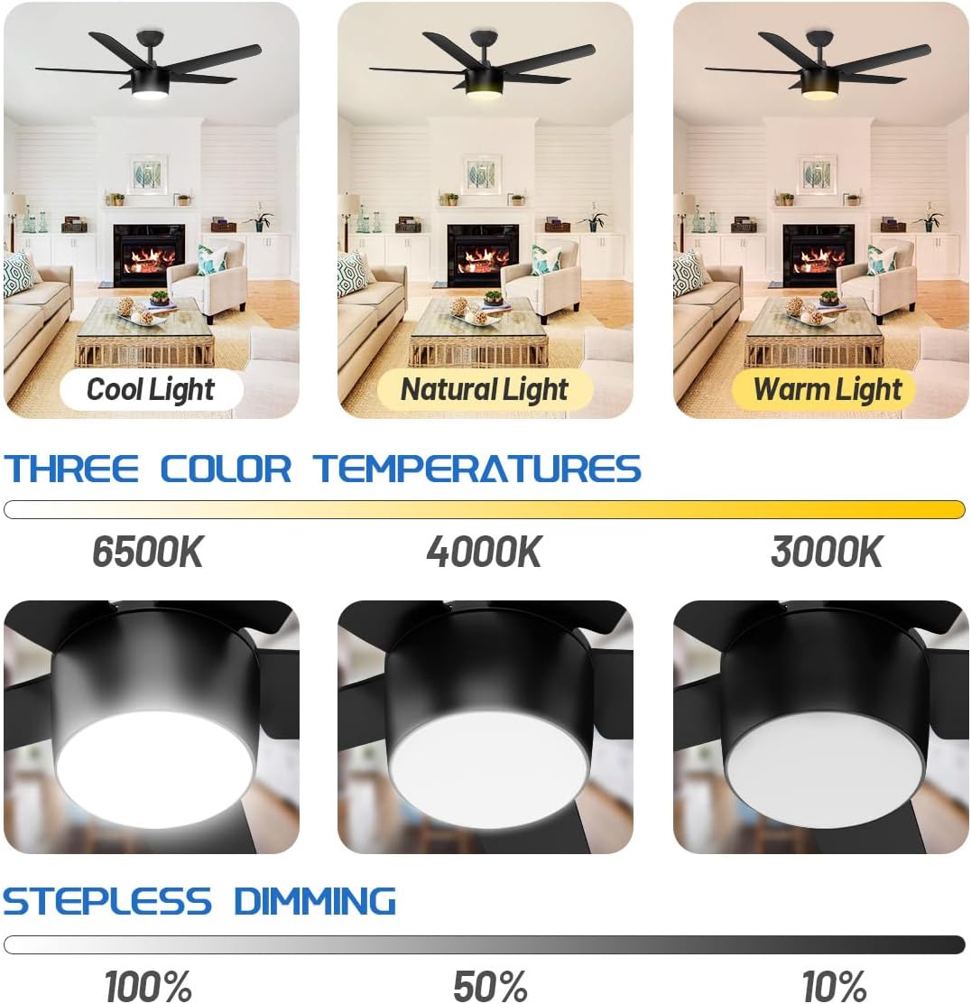 wurzee 52 Inch Ceiling Fan, DC Reversible Motor Noiseless Timing 3CCT Dimmable, Black Ceiling Fan with Remote for Living Room Indoor & Outdoor ETL